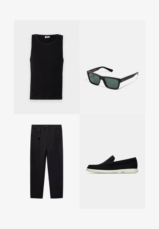 Czarny bezrękawnik wykonany z miękkiej bawełny. Posiada okrągły dekolt i prosty krój, z minimalnymi detalami szwów.; Czarne spodnie o prostym kroju, z szlufkami na pasek i odpinanym paskiem. Gładki materiał z bocznymi kieszeniami i bez widocznych wzorów lub elementów metalowych.; Czarny pantofel wsuwany z okrągłym noskiem, charakteryzujący się teksturowanym wierzchem, gładką białą podeszwą oraz subtelnym detalem z logo po boku.; Czarne prostokątne okulary przeciwsłoneczne z zielonymi soczewkami, o matowym wykończeniu, prostych zausznikach oraz z logo Ray-Ban z boku.