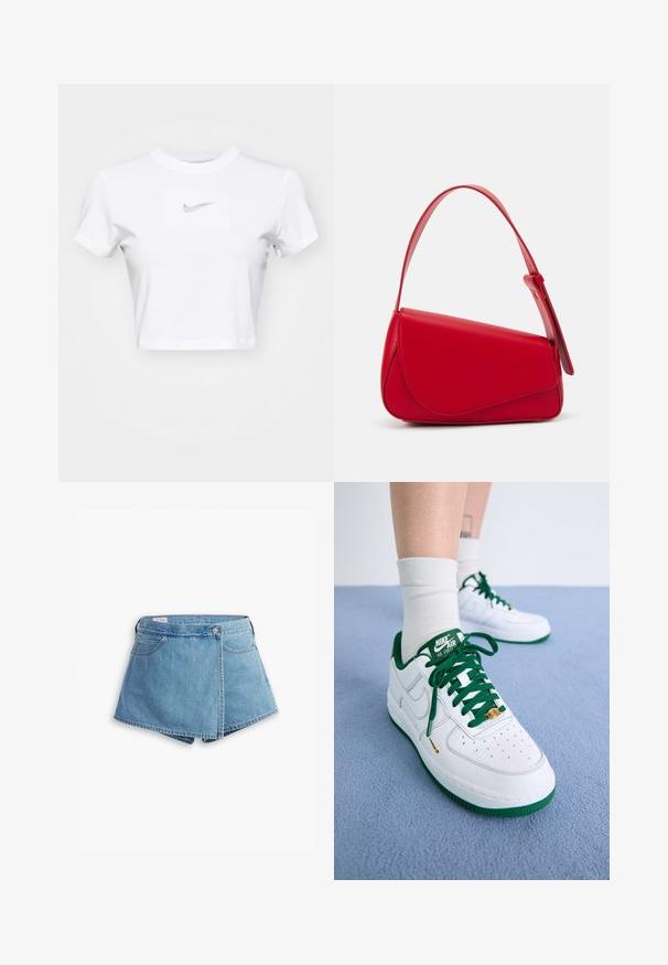 Fehér, pamutból készült rövid fazonú póló, kerek nyakkivágással és rövid ujjakkal, az elején középen egy szürke Nike logóval.; Világoskék farmer rövidnadrág, csavart kialakítással, elülső zsebekkel és fémből készült gombos záródással. Sima textúra, varrott szélekkel.; Fehér bőr Nike Air Force 1 cipők zöld kiegészítőkkel, fűzővel és talppal; perforált orral és arany részlettel a fűzőnél.; Piros bőr kézitáska szögletes, geometrikus kialakítással. Egy állítható pánttal és varrott részletekkel ellátott fedélzárral rendelkezik.