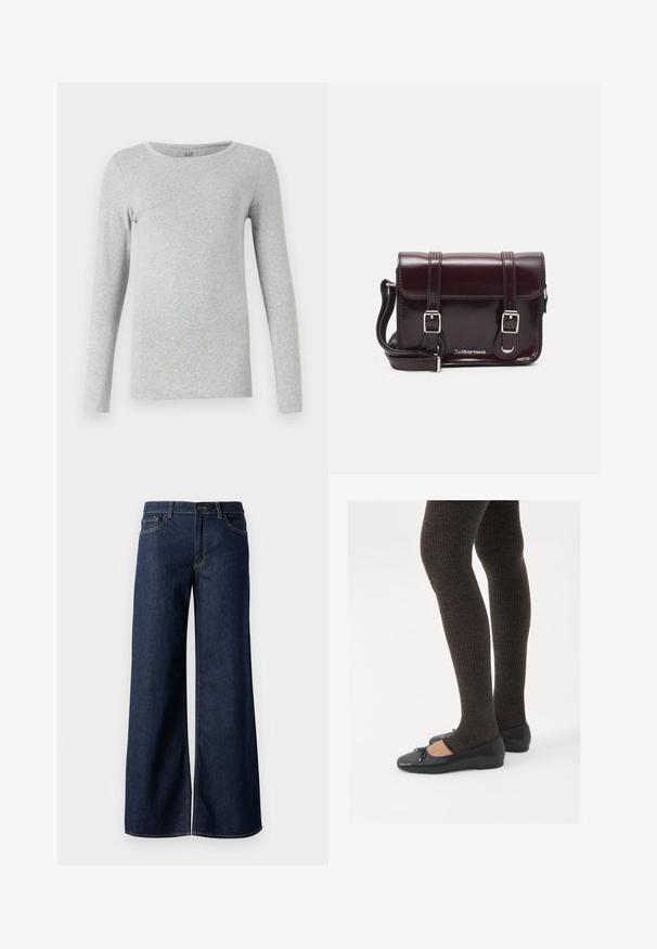 Gray long-sleeve T-shirt made from soft cotton. Features a round neckline and a fitted silhouette. Simple, seamless design without patterns.; Wide-leg jeans in dark blue denim. Features contrast stitching, five pockets, and a button closure at the waist. Smooth texture.; Black flat shoes with a small bow detail at the toe, paired with dark brown ribbed tights. Shoes have a smooth texture and low profile.; Burgundy patent leather crossbody bag with a rectangular shape, two straps, silver hardware, and a flap closure.