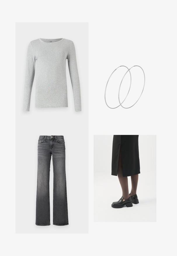 Graues Langarm-T-Shirt aus weicher Baumwolle. Mit rundem Halsausschnitt und taillierter Silhouette. Einfaches, nahtloses Design ohne Muster.; Gerade geschnittene, dunkelgraue Jeans aus Denim mit leichter Verblassung an den Oberschenkeln und klassischem Fünf-Taschen-Design vor weißem Hintergrund.; Schwarze Lederschuhe mit abgerundetem Zeh, dicker Blockabsatz und elastischen seitlichen Akzenten, kombiniert mit dunklen Strumpfhosen und einem schwarzen Rock mit Schlitz.; Silberne Creolen mit minimalistischem Design. Rundform, glatte Oberfläche und dünnes Profil. Leichtgewichtig mit hochglänzender Oberfläche.