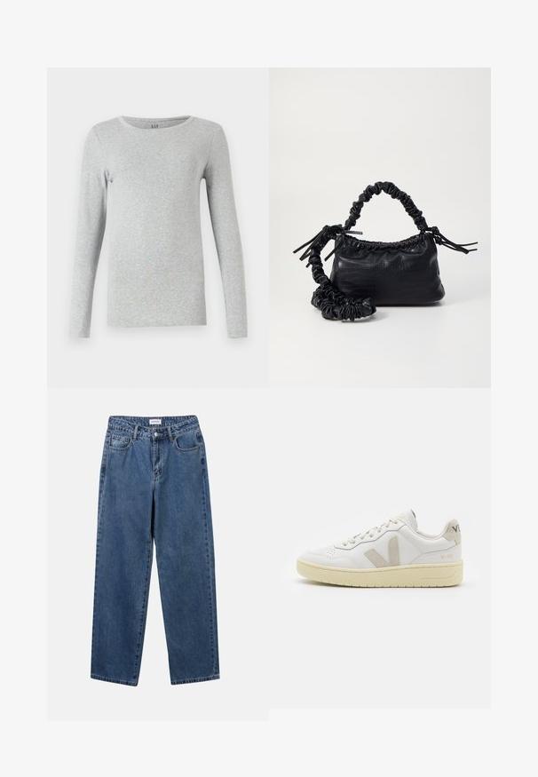 Gray long-sleeve T-shirt made from soft cotton. Features a round neckline and a fitted silhouette. Simple, seamless design without patterns.; Classic blue denim jeans with a straight-leg design, five pockets, and a button closure. Features a medium wash and sturdy texture.; White leather sneaker with beige suede accents, perforated toe box, flat laces, and a textured cream sole. Features subtle branding on heel.; Black faux leather handbag with a crocodile texture, cinched top, and a scrunched strap. Appears soft and compact in design.