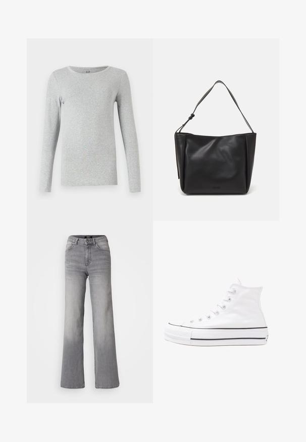 Šedé dlouhé rukávy tričko vyrobené z měkké bavlny. Má kulatý výstřih a přiléhavý střih. Jednoduchý, bezešvý design bez vzorů.; Džíny z šedého denimu s vysokým pasem a rovnými nohavicemi, předním zapínáním na knoflík a zip, předními a zadními kapsami, a vybledlým stínováním na stehnech a lýtkách.; Bílé vysoké plátěné tenisky s černou gumovou podrážkou, přední gumovou špičkou a šesti očky na tkaničky, se čistým, minimalistickým designem.; Calvin Klein GRACIE MEDIUM - Kabelka - black