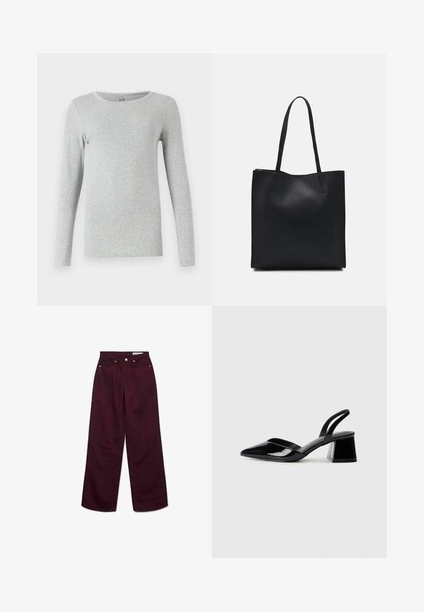 Gray long-sleeve T-shirt made from soft cotton. Features a round neckline and a fitted silhouette. Simple, seamless design without patterns.; Burgundy wide-leg jeans made of cotton, featuring a high waist, five pockets, and metal hardware. Smooth texture with a solid color.; Black patent leather slingback heels with a pointed toe and a geometric block heel. Features a sleek, minimal design and smooth texture.; Black leather tote bag with smooth texture, rectangular shape, and two long handles. No visible hardware or embellishments.