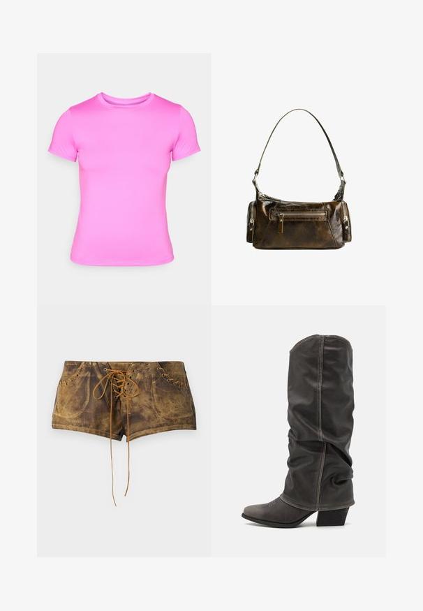 Ružové tričko s krátkym rukávom vyrobené z hladkej, elastickej látky. Má klasický okrúhly výstrih a bezšvové ramena.; Hnedé kraťasy na šnurovanie s textúrovaným povrchom a kontrastnými béžovými šnúrkami. Obsahujú očká a priliehajúci strih pre tesný vzhľad.; Sivé kožené čižmy po lýtka s voľným dizajnom, špicatou špičkou a poskladaným podpätkom. Výrazné šitie v oblasti špičky.; Hnedá kožená kabelka so zakriveným tvarom, striebornými komponentmi a dvomi zipovými vreckami vpredu. Súčasťou je nastaviteľný ramenný popruh.
