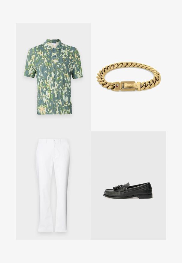 Vihreä raidallinen polo paita, jossa on camouflage-kuvio, ribbaustekstuuri, kahden napin listakynsi ja kirjailtu logo rinnassa.; Mustat lyhythihaiset paidat, joissa on hengittävä verkkomuotoilu, kaulus ja ruskeat napit edessä, sekä kiinteistä kankaan yksityiskohdista.; Valkoiset puuvillahousut suoralla lahkeella, etutaskuilla, yhdessä napilla suljettuna ja sileällä pinnalla.; Musta nahkaloaferit, joissa on pyöreä kärki, koristeelliset tupsut ja ommeltu kuvio. Tasapohja, jossa on hienovarainen brändäys sivulla.; Kultaketju, jossa on toisiinsa kytkeytyviä linkkejä, jossa on "HILFIGER"-logo ja punainen sekä sininen yksityiskohta. Sujuva, kiillotettu pinta.