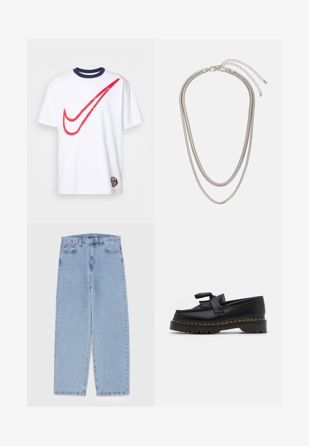 Valge t-särk punase Nike swooshi graafikuga, tumesinise ribaga krae, lühikesed varrukad ja väike Pariisi embleem vasakul allääres. Puuvillane materjal.; Heled sinise denimi sirgete põlvede lõikega teksad, millel on keskmise kõrgusega vöökoht, viis taskut ning nööbid ja tõmblukk.; Mustmust musta loafer, millel on frantsiisi aktsent, paks must tald ja kollane õmblus servas. Tekstuuriga viimistlus.; Kolmekihiline hõbedane metallkaelakee, mis on valmistatud peentest, paindlikest kettidest kerge läikega, kinnitatud krabi sulguri ja reguleeritava ketiga.