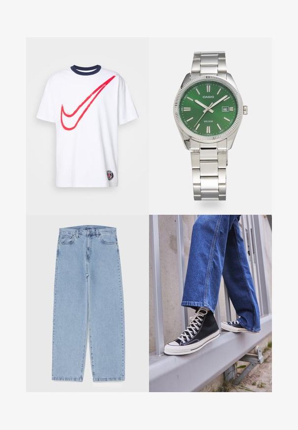White T-shirt with red Nike swoosh graphic, navy ribbed collar, short sleeves, and small Paris emblem on left hem. Cotton material.; Light blue denim jeans with straight leg design, featuring a mid-rise waist, five pockets, and a button and zipper closure.; Black high-top sneakers with white sole and laces, paired with loose blue denim jeans, resting on a gray railing.; Silver stainless steel watch with a round green dial, silver hour markers, date display, and a metal link bracelet. Water-resistant to 50 meters.