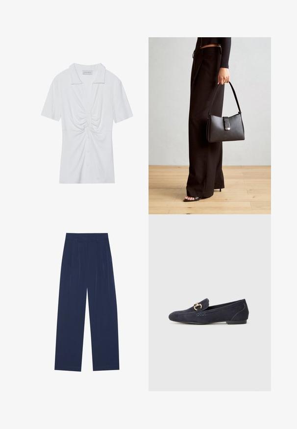Blusa branca de manga curta com colarinho, apresentando um detalhe de nó torcido na frente e uma aba com botões. Textura ribada suave.; Calças largas azul-marinho feitas de um tecido suave, com plissados frontais, uma textura lisa e um corte recto sem bolsos visíveis.; Mocassim em camurça azul-marinho com bico arredondado, apresentando um detalhe decorativo de corrente metálica e um tacão baixo com costuras contrastantes.; Bolsa preta com forma estruturada, textura suave e um fecho metálico. Combinada com calças largas pretas e sandálias de salto aberto sobre um chão de madeira.