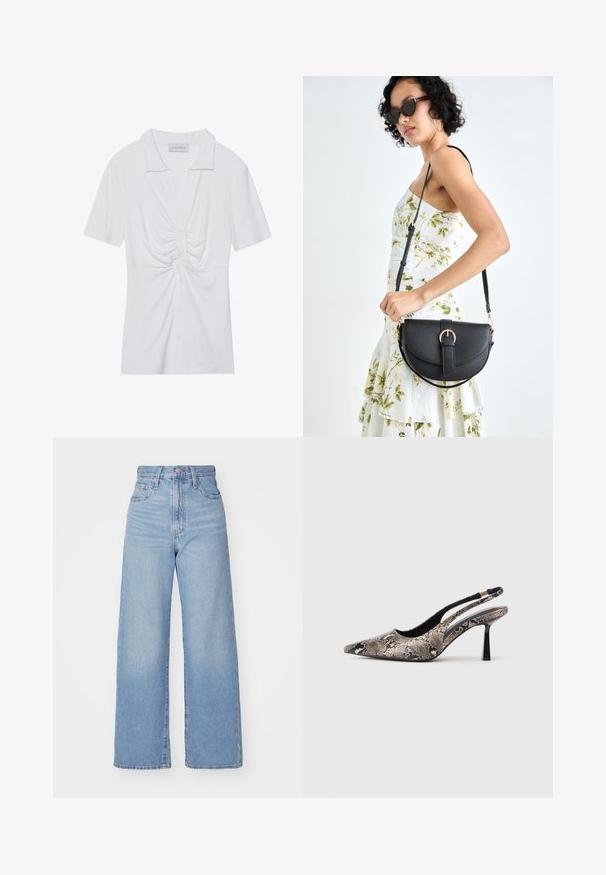 White short-sleeve blouse with a collar, featuring a twisted knot detail at the front and a button-down placket. Smooth ribbed texture.; Light blue high-waist wide-leg jeans with front button and zip closure, front and back pockets, on a white background.; Pointed-toe slingback shoes made of textured snake print material, featuring a slender black heel and a cutout design on the sides.; Black leather handbag with a curved shape, detachable strap, and gold hardware. The bag features a flap with a buckle detail.
