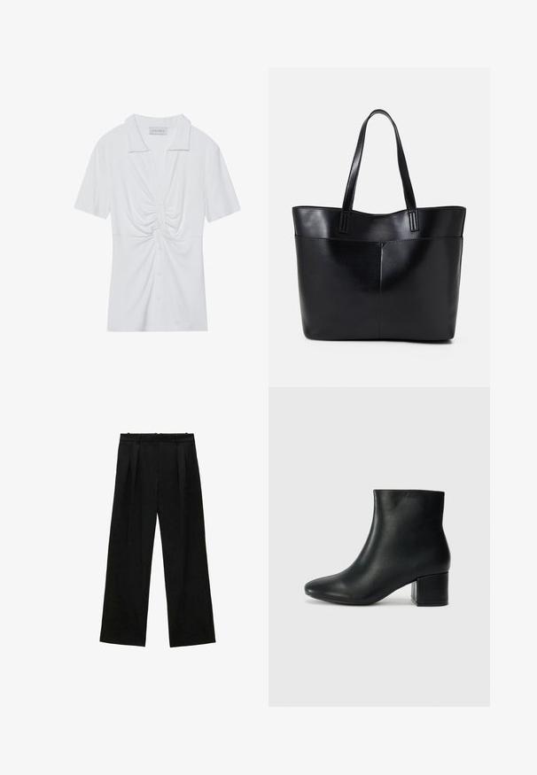 White short-sleeve blouse with a collar, featuring a twisted knot detail at the front and a button-down placket. Smooth ribbed texture.; Black wide-leg trousers with pleats, featuring a smooth texture and a high waist design. Minimalist style, no visible hardware or embellishments.; Black leather ankle boots with a pointed toe and a chunky heel. Smooth texture with minimal accents and a sleek, fitted design.; Black leather tote bag with two long handles, a smooth texture, and a structured shape. Features a front pocket for additional storage.