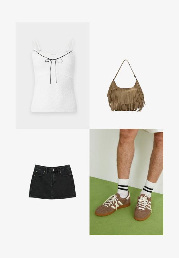 Hvid blondetop med justerbare stropper, der har sorte kanter og en sløjfedetalje ved halsudskæringen. Struktureret blomstermønster.; Sort denim mini-skirt med frontknap, bæltesløjfer og to forlommer med kobbernitter, lagt fladt på hvid baggrund.; Brune ruskind sneakers med hvide detaljer og snørebånd. Gummisål i naturgummi. Båret med hvide sokker med sorte striber. Grøn struktureret gulv.; Brun ruskind skuldertaske med lange frynser, en buet form og en enkelt skulderrem. Har en glat, tekstureret overflade.