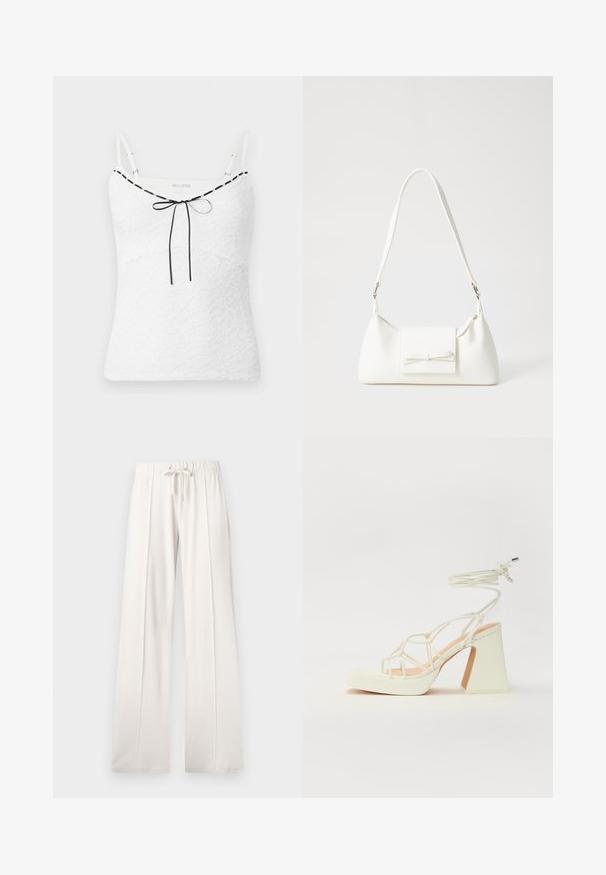 Bijela čipkastu majicu s prilagodljivim trakama, ukrašena crnim rubom i detaljem mašne na izrezu. Teksturiran cvjetni uzorak.; Svijetlosmeđi dukserice od mekanog materijala, s vezicom u struku, širokim nogavicama i vertikalnim šavovima, s glatkom teksturom.; Bijela sandala na visokoj potpetici s debelim petom, s remenom i vezanjem oko gležnja. Glatka tekstura s platformom sprijeda za dodatnu visinu.; Bijela sintetička torbica s trokutastim oblikom, ravnim prednjim poklopcem i detaljem u obliku mašne, podesivom remenom, glatkom teksturom i minimalističkim dizajnom.