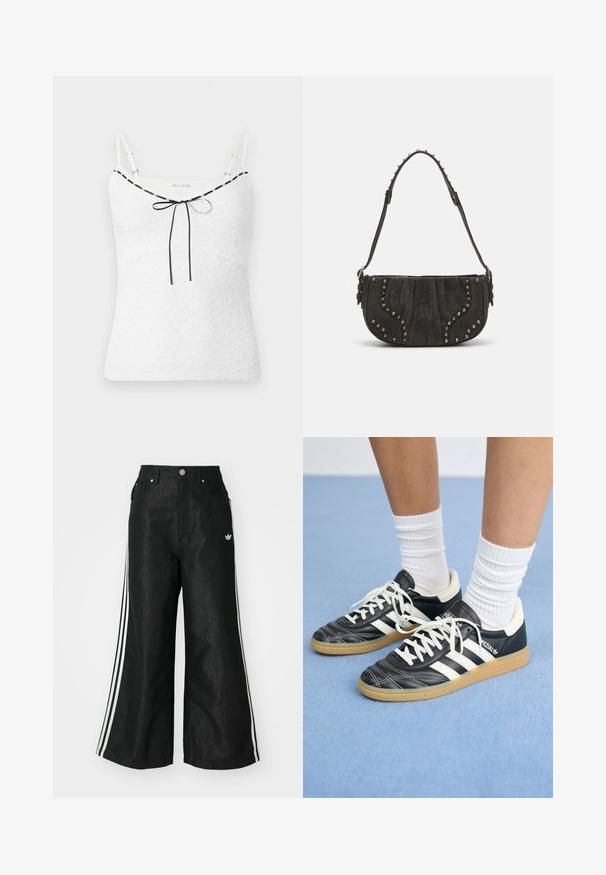 Valge pitsiline kampsun reguleeritavate rihmadega, millel on must äär ja lipsu detail kaeluses. Tekstuuriga lillemuster.; Mustad mustadeline denimipüksid, millel on kummalgi küljel kolm valget triipu ja väike valge logo. Omab esikotte ja nööbiga kinnihoidmist.; Mustad nahast tennisetossud valgete triipudega, ümar nina, valged paelad ja kummist tallad. Esiletõstetud pehmendatud krae ja brändingu detailid.; Must mustahjust kott, millel on kumer disain, kinnitusdetailide ja tekstureeritud pinnaga. Reguleeritav rihm, mille serval on nupud.