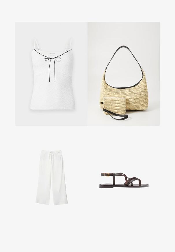 Hvid blondetop med justerbare stropper, der har sorte kanter og en sløjfedetalje ved halsudskæringen. Struktureret blomstermønster.; Hvide bukser med vidde lavet af blødt stof, med bindebånd i taljen og to forlommer. Glat tekstur og uden synlige mønstre.; Brune lædersandal med krydsende stropper, ankelspænde og en flad sål med minimale syninger.; Vævet stråhåndtaske med en buet silhuet, der har en glat sort læderrem og en matching lille pung, der er fastgjort med en håndledsrem.