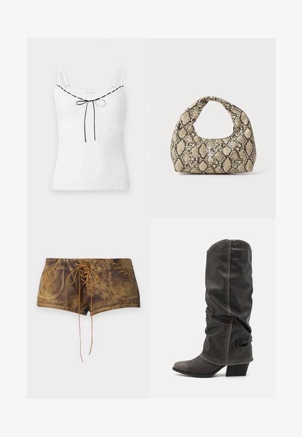 Witte kanten camisole met verstelbare bandjes, voorzien van een zwarte rand en een strikdetail bij de halslijn. Gemêleerd bloemenpatroon.; Bruine vetershorts met een gestructureerd oppervlak en contrasterende tan veters. Voorzien van oogjes en een aansluitend ontwerp voor een snug uiterlijk.; Grijze leren laarzen tot de kuit met een slouchy ontwerp, spitse neus en gestapelde hak. Opmerkelijke stikdetails op het neusstuk.; Slangpatroon handtas met een gebogen handvat. Gemaakt van gestructureerde, beige en bruine materialen, met een kenmerkend ruitpatroon.