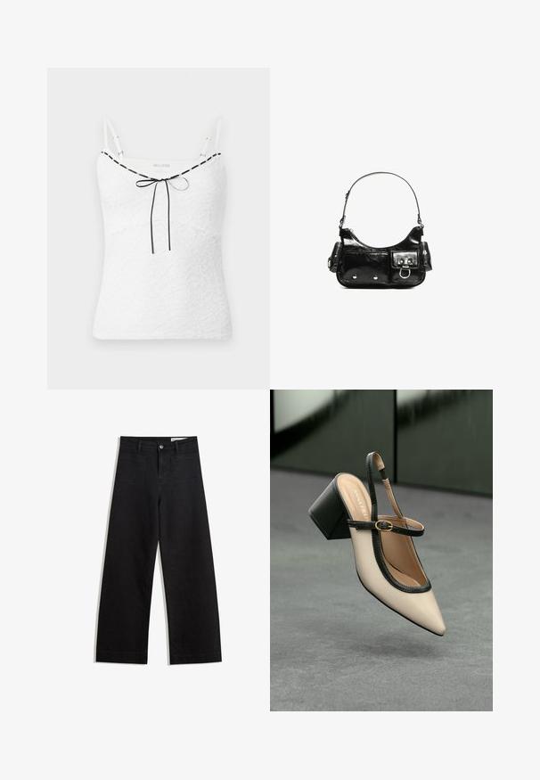White lace camisole with adjustable straps, featuring a black trim and a bow tie detail at the neckline. Textured floral pattern.; Black wide-leg denim pants with a high waist, featuring front and back pockets, stitched seams, and a button closure. Smooth texture.; Beige pointed-toe slingback shoe with black trim, gold buckle, and a chunky block heel on gray floor with dark green background.; Black patent leather handbag with a curved shape, one shoulder strap, front pockets, and silver-tone hardware accents.