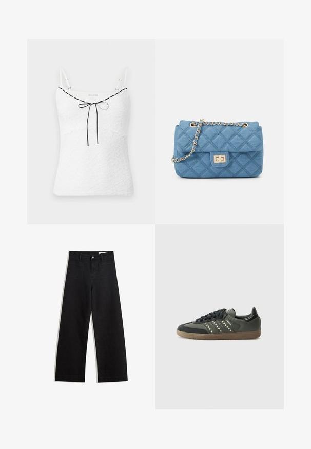 Fehér csipke kisfűző állítható pántokkal, fekete díszítéssel és masni részlettel a nyakrészén. Mintás virágos textúra.; Fekete, bő szabású farmernadrág magas derékkal, elülső és hátsó zsebekkel, varrott felületekkel és gombos záródással. Sima textúra.; adidas Originals SAMBA OG - Sportcipő - core black/legend earth/gum; ONLY ONLFLORENCE CROSSBODY BAG - Keresztpántos táska - blue denim/gold