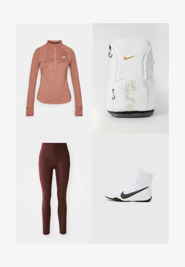 New Balance ATHLETICS GRID 1/2 ZIP - Camisola de manga comprida - sparrow heather; Leggings bordeaux com uma cintura alta, forma ajustada, textura suave e bolsos laterais para maior conveniência. Tecido liso e elástico.; Tênis desportivo Nike em malha branca com o logotipo preto. Apresenta um design de cano alto, biqueira reforçada e sola preta texturada.; Mochila Nike em branco com logótipo dourado e texto "ELITE", fechos com zip e bolsos laterais em rede, e base inferior preta. Textura suave.