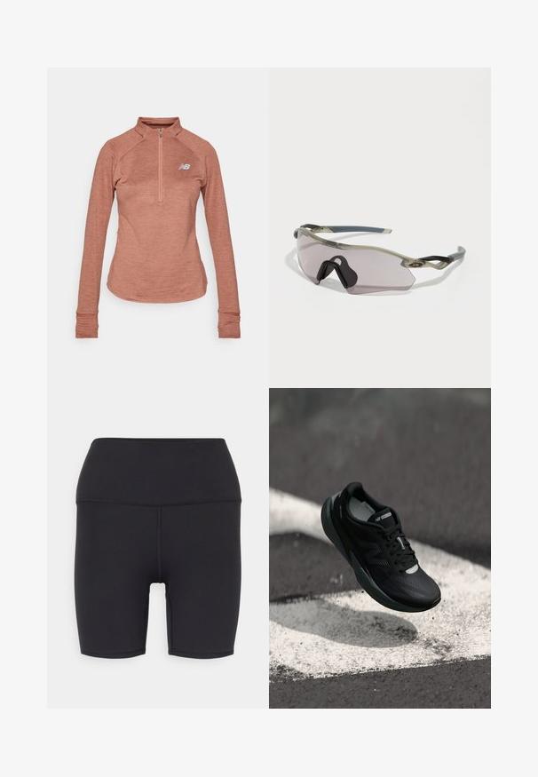 New Balance ATHLETICS GRID 1/2 ZIP - Top s dlhým rukávom - sparrow heather; Čierne atletické šortky vyrobené z elastického materiálu, so širokým pásom, hladkou textúrou a bez viditeľných vzorov alebo kovania.; Čierne bežecké topánky s textúrovaným zvrškom, štíhlym dizajnom a reflexnými detailmi. Obsahujú mäkkú, odpruženú podrážku pre maximálne pohodlie.; Slnko okuliare s priesvitným šedým rámom, tónovanými šošovkami a ostrým dizajnom. Majú charakteristický nosník a štruktúrované tmavosivé bočné ramená.