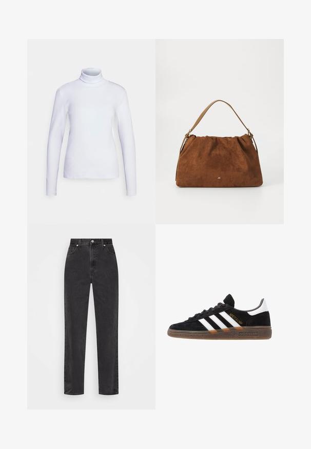 White turtleneck long sleeve top, made from smooth fabric. Fitted design with minimal seams, featuring a high neck and a straight hem.; Straight-leg black denim jeans with high waist, front button and zipper, and five-pocket styling on a white background.; Black Adidas sneaker with white stripes, gold "Spezial" text, gum sole, and white heel tab, shown in profile view.; Brown suede handbag with a gathered design, featuring a single tan leather strap and a subtle gold logo detail on the front.
