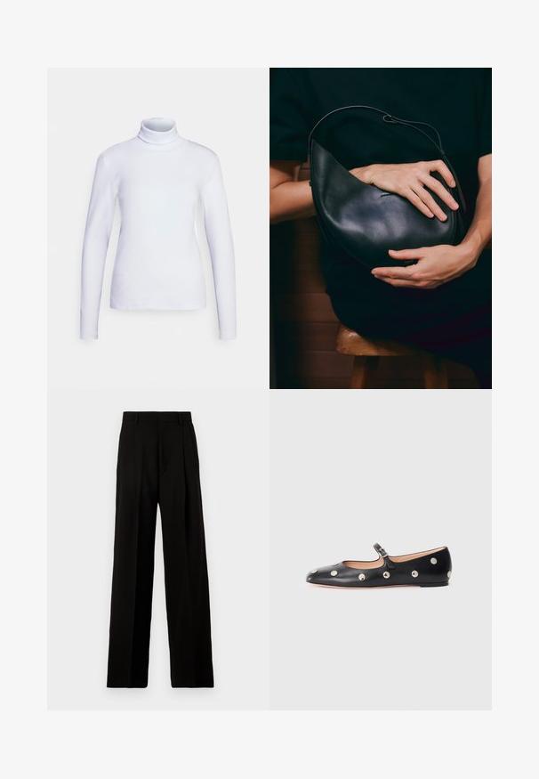 Weißer Rollkragenpullover mit langen Ärmeln, aus glattem Stoff gefertigt. Enganliegendes Design mit minimalen Nähten, hoher Kragen und geradem Saum.; Schwarze, weit geschnittene Hosen aus glattem Stoff, mit hoher Taille, Vorderfalten und einem sauberen, maßgeschneiderten Design ohne Verzierungen.; Schwarze Leder-Mary-Jane-Ballenflats mit runder Zehenform, ausgestattet mit silbernen runden Nieten und einem verstellbaren Riemen mit Schnalle.; Schwarze Lederhandtasche mit einzigartiger Halbmondform. Verfügt über ein minimalistisches Design, eine glatte Textur und ein dezentes Logo. Verstellbarer Tragegurt.