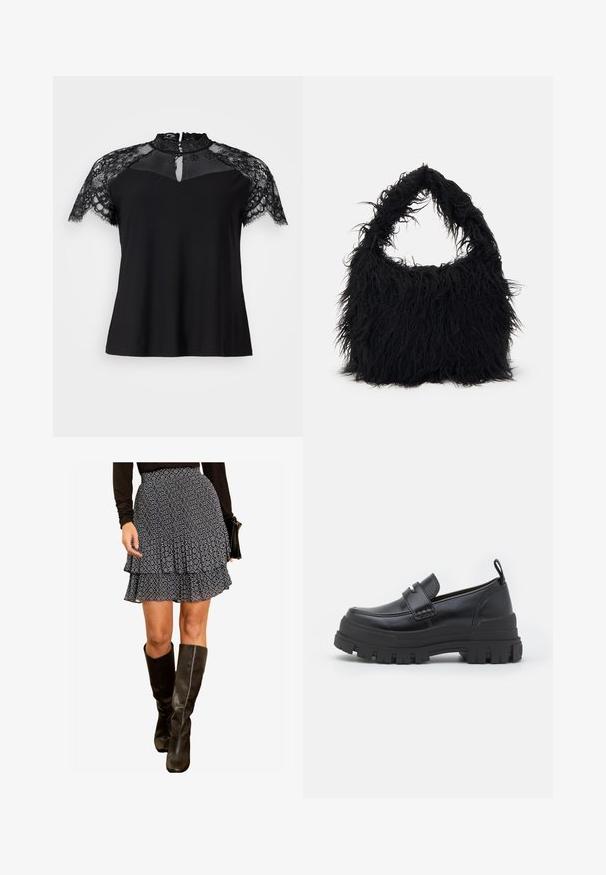 Black top featuring a high lace collar and short lace sleeves, with a keyhole detail at the neckline and a smooth fabric body.; Black and white patterned layered skirt featuring a flouncy design, paired with knee-high black leather boots. Smooth texture and fitted waist.; Black leather slip-on shoe with a chunky black rubber sole. Features a broad strap across the front and a stitched design around the toe.; Even&Odd Tote bag - black