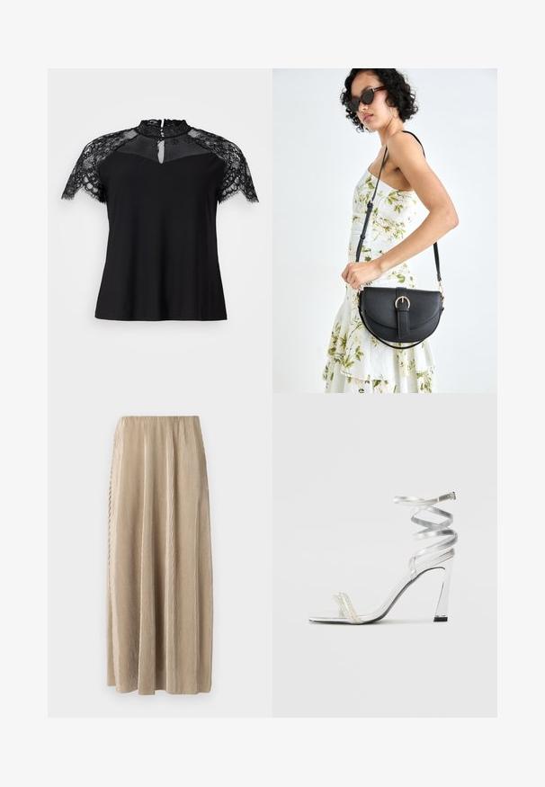 Must must, mille kõrge pitsist kraega ja lühikeste pitsiste varrukatega, kaelaehega silmaese ja sileda kangaga keha.; Vaheline beež midi seelik, millel on elastne vöökoht, vertikaalsete triipudega ja voolava siluetiga, mis võimaldab mugavat liikumist.; Hõbedased kõrge kontsaga sandaalid läikiva rihma disainiga, millel on pärlilaadne aktsent ja keerduv pahkluu rihm turvaliseks sobivuseks.; Mustmust mustraha kõverate joontega, eemaldatava rihmaga ja kuldsete detailidega. Kotil on klapp, millel on pandladetail.