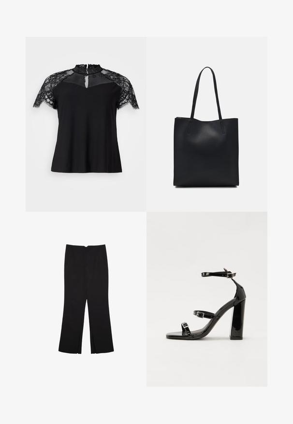 Sort top med høj blonderkrave og korte blonderærmer, med en nøglehulldetalje ved halsen og en glat stofkrop.; Sorte bukser med lige pasform, der har frontlommer og slidser i kanten. Lavet af blødt, glat stof. Velegnet til forskellige anledninger.; Sorte patenterede hælsandaler med firkantet tå, ankelremme og sølvspænder. Har en chunky blokHæl for stabilitet.; Sort læder tote taske med glat tekstur, rektangulær form og to lange hanke. Ingen synlig hardware eller udsmykninger.