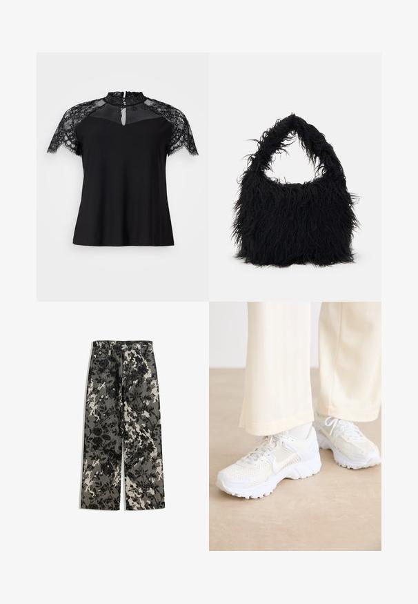 Black top featuring a high lace collar and short lace sleeves, with a keyhole detail at the neckline and a smooth fabric body.; Mid-rise wide-leg pants in a textured black and white floral pattern on a gray background, featuring a classic waistband and front pockets.; White athletic shoes with a mesh design, textured surfaces, and supportive soles. Laces and subtle branding detail on the side.; Even&Odd Tote bag - black