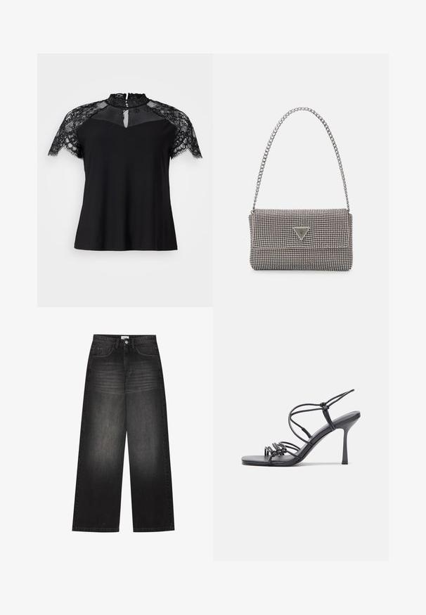 Crna majica s visokim čipkastim ovratnikom i kratkim čipkastim rukavima, s detaljem u obliku ključa na dekolteu i tijelom od glatkog materijala.; YOURTURN UNISEX - Vrećaste traperice - black denim; Crne sandale na visokoj potpetici imaju tanke trake s čvorastim dizajnom, glatki kvadratni vrh i elegantnu stiletto petu.; Svijetlosivi metalik ruksač s lancem, ukrašen malim okruglim metalnim zakovicama i trokutastim logotipom marke.; Srebro naušnice u obliku prstena s glatkom, sjajnom završnom obradom. Zaobljenog oblika, laganog dizajna, s kopčom na poleđini.