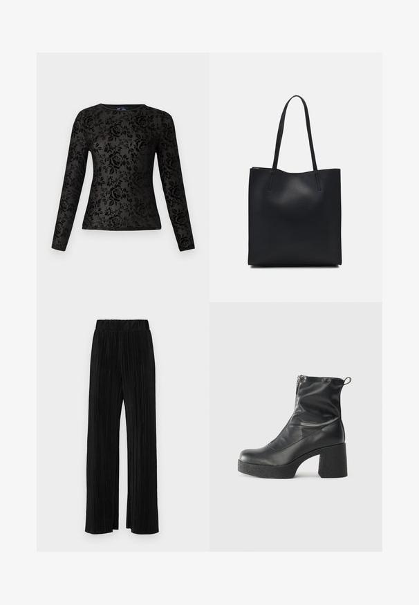 Must pika varrukaga särk, valmistatud siledast kangast, millel on reljeefne lillemuster roosidega. Klassikalise ümara kaelusega, vormituv lõige.; Mustad pleekitud püksid elastse vöökohtaga. Omavad laiad jalad ja sujuvat, tekstureeritud kangast vertikaalsete triipudega.; Mustad mustad ansapüksid, mis on valmistatud siledast nahast, külje zipperiga, paksu tekstuuriga kontsaga ja ümmarguse nina disainiga.; Mustast nahast kott sujuva tekstuuriga, ristkülikukujuline ja kahe pika sangaga. Pole nähtavat riistvara ega kaunistusi.