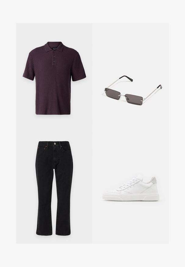 Abercrombie & Fitch Pikeepaita - plum perfect; Musta farkkushortit, joissa on suora lahkeiden muotoilu, viisi taskua ja metalliset yksityiskohdat kupariakkenteilla. Tasainen pinta ja keskipitkä vyötärö.; Valkoiset nahkakengät, joissa on sileä pinta, pyöreä kärki, litteät nauhat ja teksturoitu pohja. Harmaa mokkanahka korostaa kantapäätä.; Aurinkolasit, joissa on suorakulmaiset, tummanharmaat linssit, hopeiset metallikehykset ja mustat muoviset päät. Kevyt muotoilu nenätyynyillä.