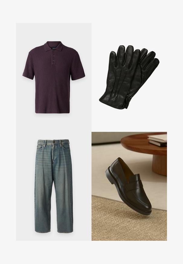 Abercrombie & Fitch Bluză polo - plum perfect; Jeans din denim bleu deschis, cu o croială lejeră, talie medie și picioare drepte. Au cinci buzunare, bucle pentru curea și închidere cu nasture.; Mocasin din piele neagră cu o finisare netedă, vârf rotund și o baretă decorativă pe partea superioară. Toc mic din cauciuc, așezat pe o suprafață texturată.; Mănuși din piele neagră cu o textură netedă, cu cinci degete și detalii fine de cusătură. Design clasic, potrivit pentru utilizarea în vreme rece.; Set de cinci brățări cu piele maro, mărgele din lemn și un lanț argintiu; texturi și forme variate, cu închideri ajustabile.