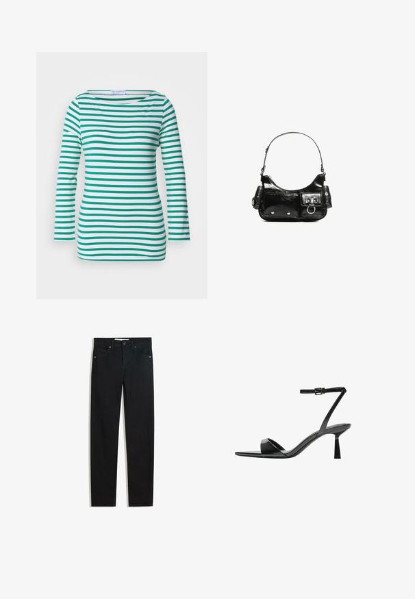 Pasiasty longsleeve w białym i zielonym kolorze, z poziomymi paskami, dekoltem w łódkę i dopasowanym krojem. Miękka tekstura materiału.; Czarna dżinsowa spodnie o prostym kroju, pięć kieszeni, metalowe zapięcie na guzik oraz subtelne detale przeszycia. Gładka faktura.; Bershka - Sandały na obcasie; Czarna torebka z lakierowanej skóry o zaokrąglonym kształcie, z jednym paskiem na ramię, przednimi kieszeniami i akcentami w kolorze srebrnym.