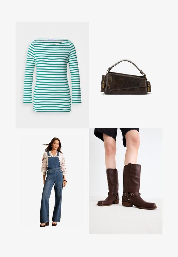 Pruhovaný dlhý rukáv v bielej a zelenej farbe, so širokými pruhmi, lodičkovým výstrihom a priliehavým strihom. Mäkka textúra tkaniny.; Džínové overaly s vlnitým dizajnom na prednej časti, rozšírenými nohavicami a bočnými vreckami. Skombinované s bielou vyšívanou blúzkou a drevenými doplnkami.; Hnedé kožené vysoké čižmy s okrúhlou špičkou, štruktúrovaným povrchom, opaskom okolo členka a detailmi zo strieborného kovu; s vysokým podpätkom.; Hnedá kožená kabelka s geometrickým dizajnom, s hornou rúčkou a zlatými zipsovými detailami. Logo je vyrazené na strane.