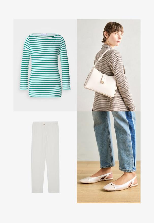 Gestreepte lange mouwen top in wit en groen, met horizontale strepen, een bootnek en een aansluitend ontwerp. Zachte stoftextuur.; Witte, op maat gemaakte broek met een rechte pijpdesign, featuring een knoopsluiting, riemlussen en zijzakken; gladde stoftextuur.; Zachtroze slingback ballerina's met een spitse neus, gemaakt van een glad leerachtig materiaal. Bevat uitsnijdingen aan de zijkanten en heeft een platte hak.; Witte leren handtas met een gestructureerd ontwerp, voorzien van een magneetsluiting en een schouderriem, tentoongesteld tegen een neutrale achtergrond.