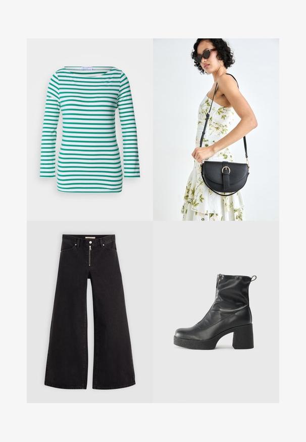 Valge ja rohelise horisontaalsete triipudega pikad varrukad, laeva kaelusega ja sobiva disainiga. Pehme kangastekstuuri.; Laiad teksad mustast denimist, millel on lukuga eesmine osa, viie taskuga disain ja peened õmblusdetailid. Sile tekstuur ja juhuslik stiil.; Mustad mustad ansapüksid, mis on valmistatud siledast nahast, külje zipperiga, paksu tekstuuriga kontsaga ja ümmarguse nina disainiga.; Mustmust mustraha kõverate joontega, eemaldatava rihmaga ja kuldsete detailidega. Kotil on klapp, millel on pandladetail.