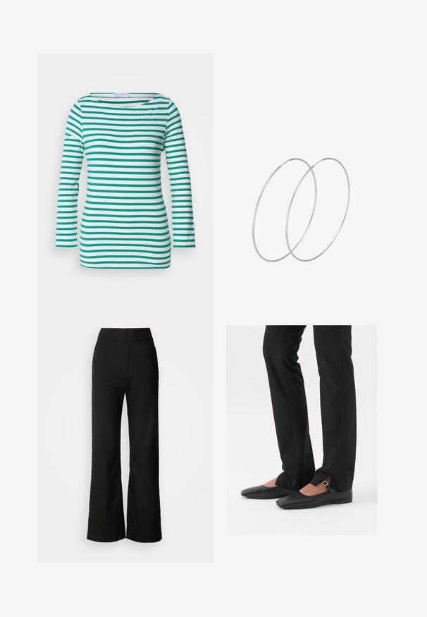 Stribet langærmet top i hvid og grøn, med vandrette striber, bådudskæring og en tætsiddende pasform. Blød stofstruktur.; Sorte bukser med bred benvidde, glat tekstur, høj talje og et enkelt design. Ingen synlige lommer eller udsmykninger.; Sorte læder balletflade sko med spids tå, rem med sølvspænde, parret med sorte skræddersyede bukser med slids i bunden.; Sølvøreringe med et minimalistisk design. Cirkulær form, glat tekstur og tynd profil. Letvægtige med en poleret overflade.