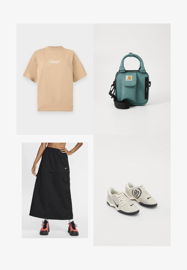 Šviesiai rudos spalvos medvilninis marškinėliai su trumpomis rankovėmis, apvaliu kaklu ir balta kreivuoju tekstu priekyje, skaitančiu „Pegador Dreams Come True.“; Juoda sportinė ilgis sijonas su elastine juosta, su priekinėmis kišenėmis ir Nike logotipu. Dėvima su spalvingais sportiniais batais.; Nike kedai su bėgiu su smėline ir pilka tekstūruota viršutine dalimi, juodais akcentais, dideliu "90" logotipu ir balta raištelių užsegimu. Juodas padas.; Žalios didelės tekstūros medžiagos per petį nešama rankinė su trumpomis rankenomis, užtrauktuku užsegama kišenė, priekinė kišenė su uždanga, reguliuojama juosta ir "Carhartt" logotipas ant priekio.