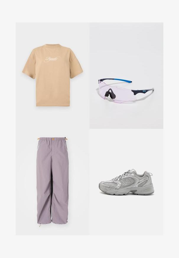 Camiseta de algodón beige con mangas cortas, escote redondo y texto en cursiva blanca en la parte frontal que dice "Los sueños de Pegador se hacen realidad."; Pantalones de chubasquero ligeros en color púrpura claro con cinturilla elástica, cremalleras laterales y dobladillos con cordón; fabricados con material ligero y resistente al agua.; Zapatilla deportiva plateada con un diseño elegante, paneles de malla, lengüeta acolchada, parte superior sintética texturizada y suela de goma para tracción.; Gafas de sol deportivas con lentes transparentes en color rosa. Cuentan con montura azul oscura y gris claro. Las almohadillas nasales ajustables mejoran la comodidad.