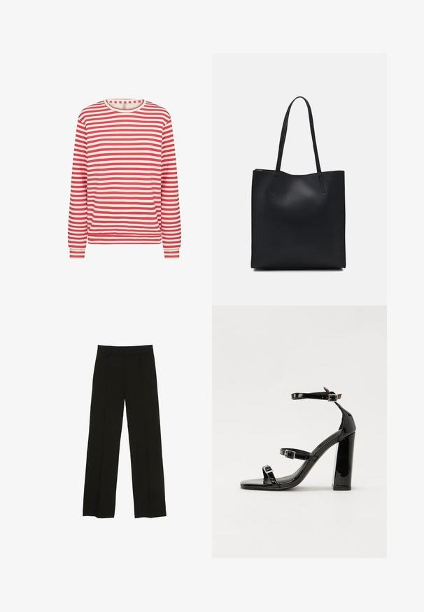 Koszula z długim rękawem w czerwono-białe poziome paski, z okrągłym dekoltem i dopasowanymi mankietami na jasnym białym tle.; Czarne spodnie szerokie na nogawkach wykonane z gładkiego materiału, z dopasowanym paskiem w talii i subtelnymi fałdami z przodu, które dodają tekstury.; Czarne lakierowane sandały na obcasie z kwadratowym noskiem, z paskami wokół kostki i srebrnymi klamrami. Posiadają masywny słupek dla stabilności.; Czarna skórzana torba tote o gładkiej fakturze, prostokątnym kształcie i dwóch długich uchwytach. Brak widocznych elementów metalowych i ozdób.