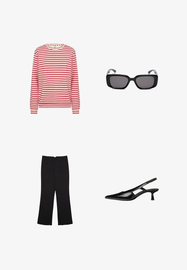 Chemise à manches longues avec des rayures horizontales rouges et blanches, col rond et poignets ajustés sur un fond blanc uni.; Pantalon noir avec une coupe droite, doté de poches avant et d'éclairs sur l'ourlet. Fabriqué en tissu doux et lisse. Convient à diverses occasions.; Escarpins slingback en cuir verni noir avec un bout pointu, un design découpé sur les côtés et un petit talon carré. Texture lisse avec des accents minimaux.; Lunettes de soleil noires rectangulaires avec des verres foncés, monture en plastique lisse et branches courbées. Le design est épais avec une esthétique minimaliste.