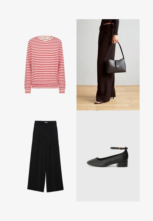 Halenka s dlouhými rukávy s červenými a bílými horizontálními pruhy, kulatým výstřihem a přiléhavými manžetami na čistě bílém pozadí.; Černé kalhoty s širokými nohavicemi, vyrobené z texturované tkaniny, s elastickým pasem a odnímatelným páskem na úpravu velikosti.; Černé kožené lodičky s špičatou špičkou a nízkým blokovým podpatkem. Obsahují pásek kolem kotníku se zlatou sponou. Hladký povrch.; Černá kabelka se strukturovaným tvarem, hladkým povrchem a kovovým uzávěrem. Kombinována s širokými černými kalhotami a sandály s otevřenou špičkou na dřevěné podlaze.