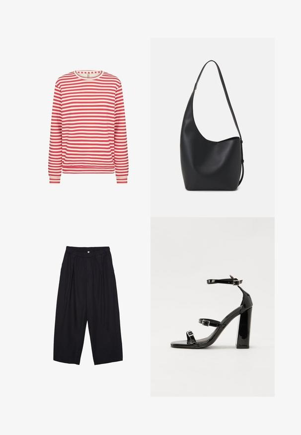 Langarmshirt mit rot-weißen horizontalen Streifen, Rundhalsausschnitt und eng anliegenden Manschetten auf einem schlichten weißen Hintergrund.; Schwarze Polyester-Culotte mit einem elastischen Bund, zwei vorderen Falten und einer lockeren Silhouette. Keine sichtbaren Muster oder Hardware-Details.; Schwarze patentierte Sandalen mit Absatz, quadratischer Spitze, Knöchelriemen und silbernen Schnallen. Mit einem stabilen Blockabsatz für mehr Stabilität.; Schwarze Leder-Hobo-Tasche mit einer glatten Textur, geschwungener Form und einem einzelnen verstellbaren Tragegurt; verfügt über eine weite Öffnung am oberen Ende.