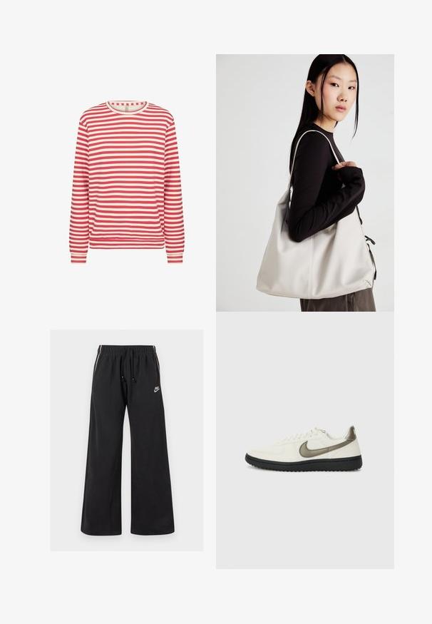 Langarmshirt mit rot-weißen horizontalen Streifen, Rundhalsausschnitt und eng anliegenden Manschetten auf einem schlichten weißen Hintergrund.; Schwarze Jogginghosen aus weichem Material, mit einem elastischen Bund und einem Kordelzug, seitlichen Streifen und einem kleinen Logo auf der linken Vorderseite.; Nike Sportswear FIELD GENERAL - Sneaker low - off-white/black; Beige Handtasche aus weichem Material, mit einem lässigen Design, gesteppten Details und zwei Schulterriemen. Geeignet für den täglichen Gebrauch.