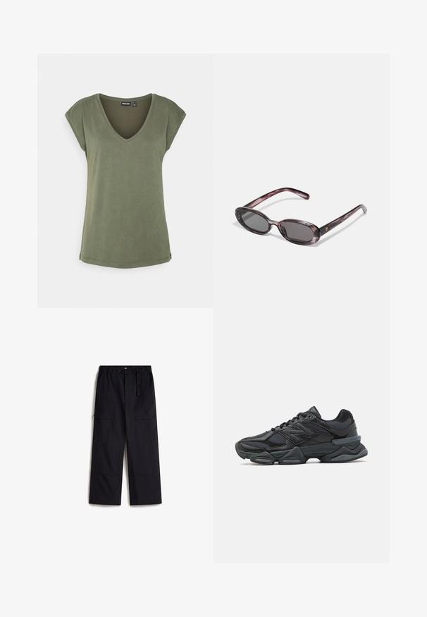 Olivově zelené tričko s výstřihem do V, vyrobené z měkké, lehké tkaniny. Krátké rukávy, volný střih a rovný lem. Bez vzorů nebo ozdob.; Černé cargo kalhoty s elastickým pasem, nastavitelným opaskem a dvěma bočními kapsami. Vyrobeny z lehké, texturované látky.; Černá běžecká bota s kombinací síťoviny a syntetických materiálů, masivní podešev, zakřivený design a výrazné logo na boku.; Oválné sluneční brýle s mramorovým fialovým rámem, tmavými skly a štíhlými stranami s malým zlatým logem.