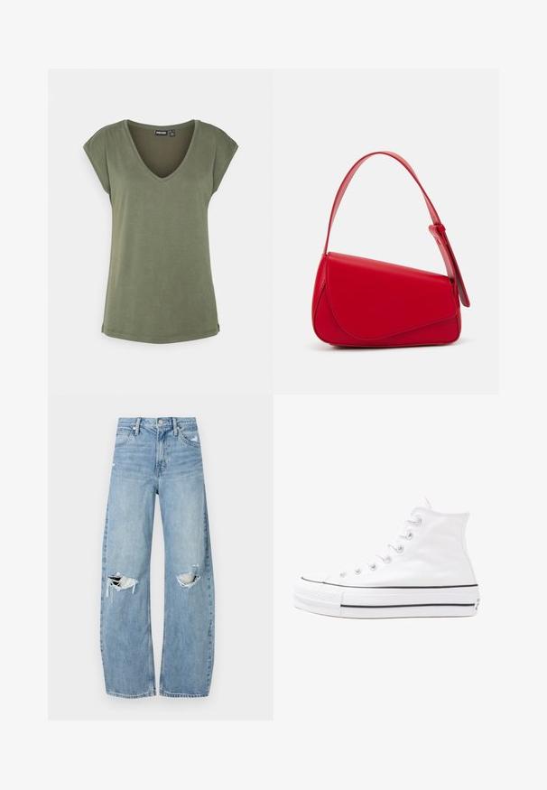 Oliwkowy t-shirt z dekoltem w szpic, wykonany z miękkiego, lekkiego materiału. Krótkie rękawy, luźny krój i prosty dół. Brak wzorów i akcentów.; Jasnoniebieskie, wysokiej talii dżinsy wykonane z denimu. Posiadają szerokie nogawki, dwa podarte miejsca na kolanach oraz klasyczne pięć kieszeni.; Białe wysokie trampki z płótna z czarną gumową podeszwą, przednim czubkiem z gumy i sześcioma dziurkami na sznurowadła, charakteryzujące się prostym, minimalistycznym designem.; Czerwona skórzana torebka o kanciastym, geometrycznym designie. Posiada jedną regulowaną rączkę oraz zapięcie na klapę z przeszyciami.