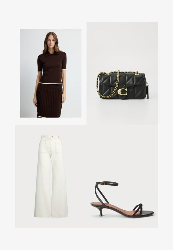 Maglione in maglia marrone con colletto, maniche corte e dettagli crema. Abbinato a una gonna plissettata marrone coordinata con accenti crema all'orlo.; Jeans a gamba larga in denim bianco sporco. Design a vita alta con chiusura a bottone, due tasche frontali e dettagli di cucitura a contrasto.; Polo Ralph Lauren LEATHER KITTEN-HEEL SANDAL - Decolleté - black; Borsa a tracolla in pelle nera trapuntata con una catena dorata e un fermaglio a scatto con un accento circolare. Forma rettangolare compatta.