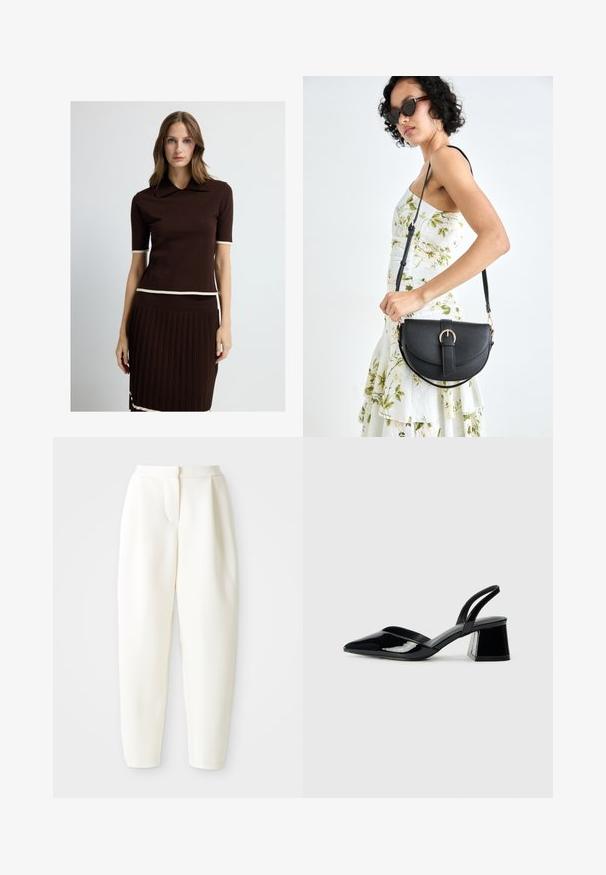 Hnědý pletený top s límečkem, krátkými rukávy a krémovým lemem. V kombinaci s odpovídající hnědou skládací sukní se krémovými akcenty na lemu.; Bílé kalhoty s vysokým pasem a zúženým střihem, se skrytým předním zapínáním a bočními kapsami, vystavené na čistém bílém pozadí.; Černé lakované kožené lodičky na pásku s špičatou špičkou a geometrickým blokovým podpatkem. Vyznačují se elegantním, minimalistickým designem a hladkým povrchem.; Černá kožená kabelka s křivkovým tvarem, odnímatelným popruhem a zlatými detaily. Kabelka má klopu s přezkou.