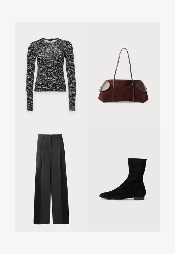 Långärmad svart topp med en texturerad, ojämn vit prickig mönstring, slim fit och rund halsringning. Slät tyg med lätt stretch.; Svarta byxor med vida ben och hög midja, med framveck, en slät textur och en skräddarsydd finish. Designade för en avslappnad passform.; Svart mocka ankelboots med en åtsittande skaft, spetsig tå och låg blockklack. Slät yta och minimalistisk design, lämplig för mångsidig styling.; Brun mocka väska med läderdetaljer, strukturerad form, dubbla axelremmar och rundade kanter, med en slät yta och minimal hårdvara.